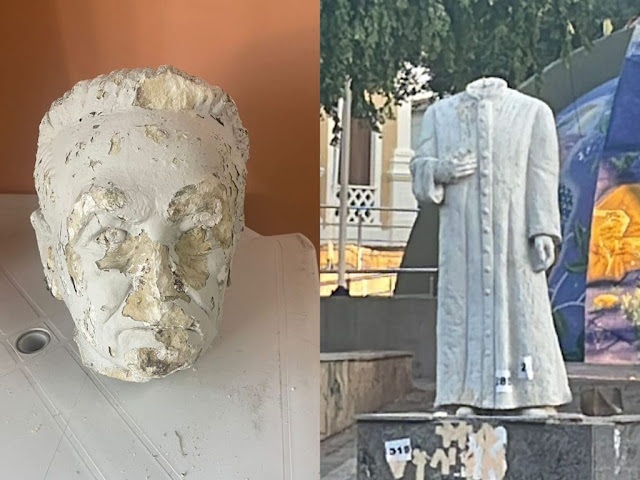 Lamentável: estátua do Monsenhor Manoel Vieira tem cabeça arrancada na Praça Edvaldo Mota, no Centro de Patos