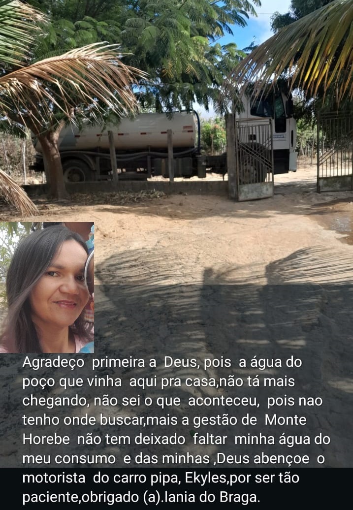 RECONHECIMENTO / Moradora do Sitio Braga Agradece a Gestão de Monte Horebe por Sempre estar abastecendo cisternas