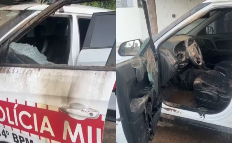 Homens são presos após atear fogo em viatura da PM no Sertão da Paraíba.